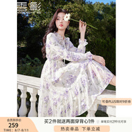 香影雪紡碎花連衣裙女2025秋季新款超好看絕美燙金顯瘦收腰仙女裙 米色 L