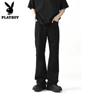 花花公子（PLAYBOY）西褲男歐美高街vibe褲子美式復(fù)古棕色褶皺感那不勒斯微喇叭直筒褲 黑色 S