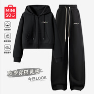 名創(chuàng)優(yōu)品（MINISO）春秋季套裝女休閑運動潮流女裝連帽開衫衛(wèi)衣闊腿褲兩件套韓系穿搭 【春秋款】黑色(m花漾字)+黑色 M 160 (新一代升級工藝)