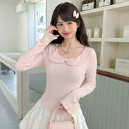 森女部落甜美粉色修身花邊長(cháng)袖T恤女2025新款娃娃領(lǐng)百搭上衣秋冬 粉色上衣 S 模特碼