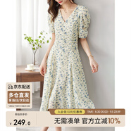 尚都比拉夏季法式碎花連衣裙泡泡袖茶歇裙氣質(zhì)女神范裙子 杏底藍(lán)花 M 
