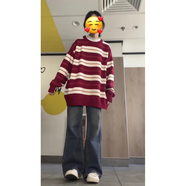 國家時(shí)尚品牌夫婦街頭嘻哈寬松Os粗細線(xiàn)條紋毛衣甜美風(fēng)格減少早秋 紅色白色條紋(優(yōu)質(zhì)面料)不起球 S 均碼