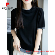 皮爾卡丹（pierre cardin）品牌高檔輕奢2025早秋純羊毛假兩件針織T恤圓領(lǐng)套頭短袖女顯瘦毛 品牌高端新品-黑色 M 適合體重(85斤-109斤)