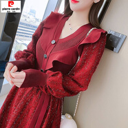 皮爾卡丹（pierre cardin）法式秋冬針織連衣裙2025新款網(wǎng)紅時尚超仙顯瘦氣質(zhì)荷葉裙 酒紅色 L 100-110斤