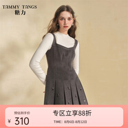 糖力【商場(chǎng)同款】冬季新款鉆飾珠片毛呢吊帶百褶連衣裙女收腰 灰色 M