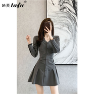 她芙（tafu）品牌女裝法式長袖襯衫連衣裙女2025年春秋新款氣質收腰顯瘦短裙 灰黑色 XL