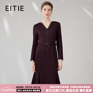 愛特愛（EITIE）氣質(zhì)魚尾修身包臀收腰顯瘦V領(lǐng)釘珠呢子連衣裙大牌冬季新款7207924 酒莊紅60 2XL 175