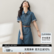 尚都比拉復(fù)古襯衫領(lǐng)工裝短袖牛仔連衣裙休閑顯瘦小個(gè)子裙子 牛仔藍(lán) M 