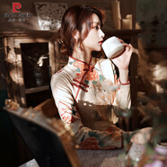 皮爾卡丹（pierre cardin）改良旗袍2025秋季新款年輕少女氣質(zhì)日?？纱┞蛊そq長(cháng)袖旗袍連衣裙 圖片色 鹿皮絨 3XL 136-150斤