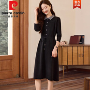皮爾卡丹（pierre cardin）時(shí)尚減齡小翻領(lǐng)羊毛針織毛衣裙中長(cháng)款系帶精致百搭媽媽顯瘦連衣裙 黑色 M