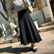 啄木鳥(niǎo)（TUCANO）高腰顯瘦秋冬針織半身裙流蘇毛線(xiàn)A字中長(cháng)款裙子復古加厚大擺裙 黑色 2XL
