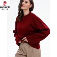 皮爾卡丹（pierre cardin）歐美風(fēng)針織衫新款甜美圓領(lǐng)套頭寬松純色長(zhǎng)袖百搭針織毛衣女酒紅色S