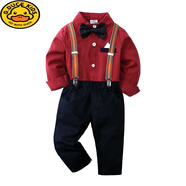 G.duck兒童西裝套裝帥氣男童小禮服英倫春夏襯衣背帶褲花童周歲生日西服 春秋套裝 領(lǐng)結可拆，襠部有按扣 80 尺（建議身高70-80）