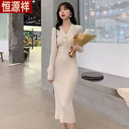 恒源祥秋冬季針織連衣裙女2025新款過(guò)膝長(cháng)包臀裙中長(cháng)款修身V領(lǐng)打底長(cháng)袖 杏色-旗艦款 M 100-110