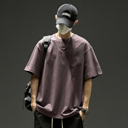 木清清重磅純棉短袖男款夏季純色圓領(lǐng)t恤男生美式套頭衫上衣潮男裝衣服 暗紫色 S (80-95斤)
