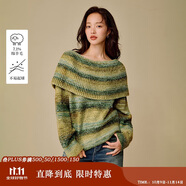 茵曼（INMAN）茵曼一字肩大翻領(lǐng)撞色條紋毛衣2025冬女裝新款圓領(lǐng)針織衫 綠色 L