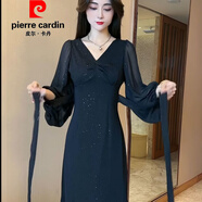 皮爾卡丹（pierre cardin）新品法式高級感氣質(zhì)連衣裙秋季新款收腰領(lǐng)拼接長(cháng)袖黑色亮絲魚(yú)尾長(cháng) 黑色連衣裙 2XL _建議125-138斤