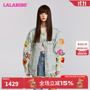 LALABOBO設(shè)計(jì)感水果刺繡寬松牛仔外套女裝潮休閑個(gè)性毛邊夾克LBDC-WSJW11 淺藍(lán)白 常規(guī) M