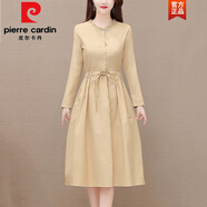皮爾卡丹（pierre cardin）長(zhǎng)袖棉麻連衣裙女秋裝2025新款時(shí)尚減齡高級(jí)感媽媽洋氣中長(zhǎng)款裙子 杏色 2XL 125-140斤