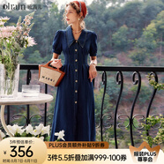 Olrain歐芮兒法式牛仔連衣裙夏季女裝收腰復(fù)古港風(fēng)開叉裙子衣服 牛仔藍(lán) XL