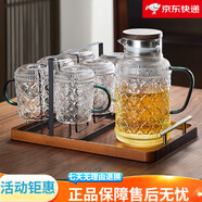 青蘋果復(fù)古玻漓杯套裝家用高顏值海棠杯喝水杯待客大容量耐高溫泡茶杯子 【胡桃木蓋】海棠壺+海棠玻璃杯d
