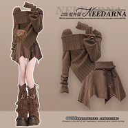 MAHAAPNHKA KOHUOBKA小紅書(shū)爆款小香風(fēng)毛衣女早秋露膚一整套秋季穿搭美拉德廢土風(fēng)洋裝 咖色上衣+咖色短裙+咖色腿套[冬 S 均碼