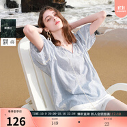 三彩2025夏季新款條紋繡花襯衣寬松流蘇系帶V領(lǐng)套頭衫女 天空藍條紋 XL 170/92A