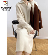 啄木鳥(niǎo)拉鏈翻領(lǐng)羊毛針織連衣裙女秋冬復古長(cháng)款高領(lǐng)毛衣裙直筒加厚打底裙 米白色 2XL 建議130-150斤