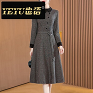 也語（YEYU）長袖洋裝女春秋新款氣質(zhì)高端高級(jí)感廣州十三行 深灰色-初秋款正式場合上流社會(huì)春秋款貴夫人闊太太 M M（適合85-105斤）