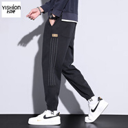 以純（YISHion）加絨休閑褲子男冬季2025新款潮流青少年加厚保暖束腳褲男士秋冬款  666黑色 L 【110-130斤】