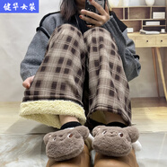美安嘉加絨羊羔絨格子褲子女新冬款顯瘦百搭居家高腰寬松休閑闊腿褲長褲 復(fù)古咖 加絨 M