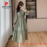 皮爾卡丹（pierre cardin）春秋法式復(fù)古甜美荷葉領(lǐng)連衣裙女士燈籠袖松緊腰顯瘦印花裙雪紡裙 圖片色 S