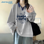 真維斯（JEANSWEST）麻灰色翻領(lǐng)polo衛(wèi)衣女士春秋2025新款學院風寬松小個子薄款上衣服