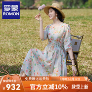 羅蒙（ROMON）連衣裙2025夏季新款時尚休閑圓領(lǐng)印花碎花裙收腰顯瘦a字寬松裙子 花色 2XL