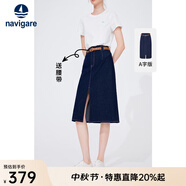 Navigare意大利小帆船百搭半身裙秋季通勤開(kāi)叉a字裙顯瘦高腰白色牛仔半裙 海軍藍 XL