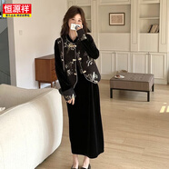 恒源祥新中式國風(fēng)馬甲金絲絨連衣裙女春秋兩件套裝裙獨特氣質(zhì)流行漂亮 黑色馬甲+黑絲絨裙【兩件套】 2XL 【建議145-160斤左右】