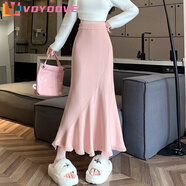 VOYDOVE流蘇針織半身裙女秋冬季高腰顯瘦毛線(xiàn)裙中長(cháng)款垂感a字包臀魚(yú)尾裙 粉色 M 80-100斤
