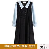 獨束大碼女裝假兩件撞色襯衫領(lǐng)連衣裙女秋冬微胖mm文藝復古穿搭裙子 墨染黑【適合160左右】 L