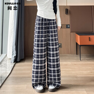 闊戀休閑格子褲女秋季2025新款高腰寬松直筒褲百搭顯瘦松緊腰闊腳褲子 藏藍格 S