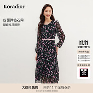 珂萊蒂爾【大秀同款】[瑰麗小蠻腰]夏秋季四面彈茶歇碎花中長款連衣裙 黑色 XL