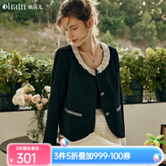 Olrain歐芮兒黑色短外套初秋新款法式名媛娃娃領(lǐng)花邊領(lǐng)外套 黑色 S
