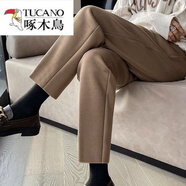 啄木鳥（TUCANO）毛呢直筒西裝褲秋冬季加絨加厚高腰顯瘦百搭正裝小個子九分煙管褲 卡其色 2XL （建議130-145斤）
