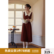 獨束大碼女裝假兩件撞色襯衫領(lǐng)連衣裙女秋冬微胖mm文藝復古穿搭裙子 勃艮第紅【適合165左右】 L