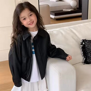 喬瀚服飾翻領(lǐng)皮衣外套女2025新款兒童皮衣外套春秋季短款皮夾克復古機車(chē)男 黑色 皮衣夾克005 M 120cm