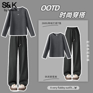 班尼路（Baleno）S&K系列套裝女裝秋冬季新款加絨打底衫休閑潮流香蕉直筒褲兩件套 深麻灰#純色+深灰#純色 L