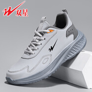 雙星（DOUBLE STAR）運動(dòng)鞋男鞋秋季新款大碼純黑色皮面防水跑步鞋秋冬男士休閑鞋 灰色 717 45