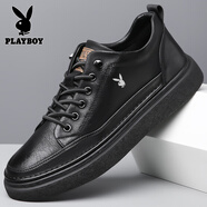 花花公子（PLAYBOY）男鞋真皮新款冬季加絨休閑皮鞋男士軟底軟皮時尚潮流板鞋 FXG6607《黑色》 38