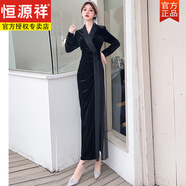 恒源祥法式金絲絨長袖氣質(zhì)修身顯瘦收腰包臀內(nèi)搭連衣裙秋冬款女新款長裙 黑色 L