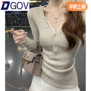 DGOV欲修身V領(lǐng)百搭打底衫女秋季內(nèi)搭感毛衣長袖針織衫上衣 卡其色 L 建議105-115斤