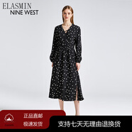 ELASMIN高端品牌Nine West/玖熙夏季新款桑蠶絲感鳶尾印花洋裝度假風半袖 藏青底綠花 S